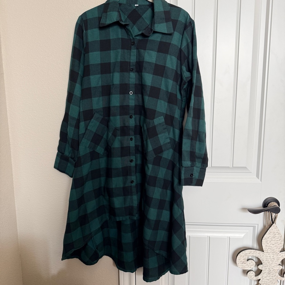 Plaid Green and Black Women's Shirt Dress or Tunic Size L